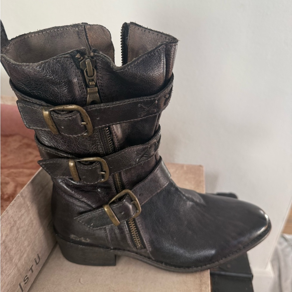 Bed Stu Triple Buckle Dark Leather Booties
